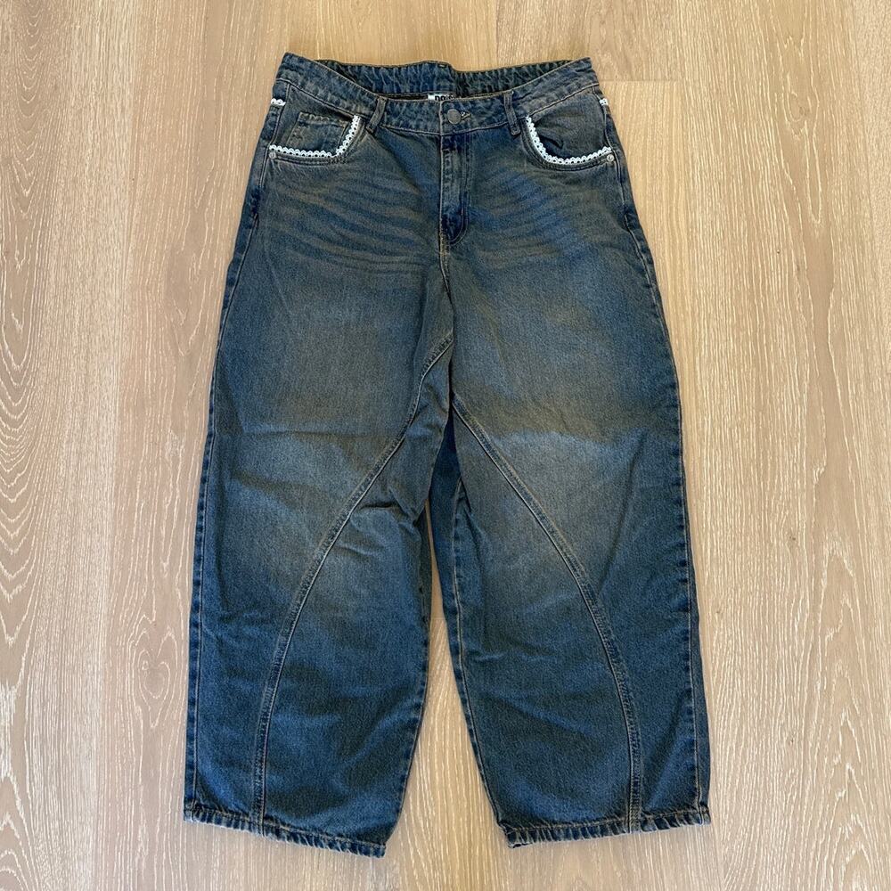 Daisy Street Barrel Jeans with Lace Size L in Brown Blue
